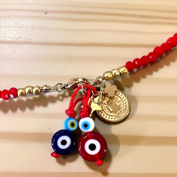 Vibrant Red Hand Beaded Rainbow and Evil Eye Protection Necklace 16” - Picture 6 of 17